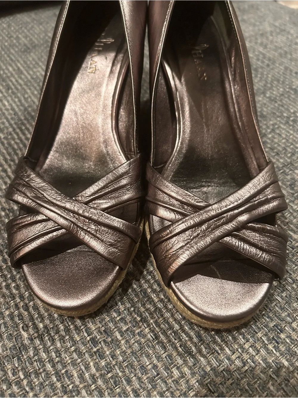 Cole Haan Metallic Brown Peep-Toe Espadrille Wedges size 7.5 Great Condition